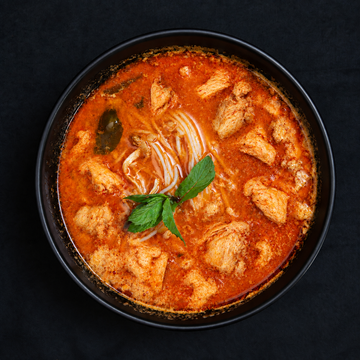 Top-down khao poon with red curry broth, rice noodles and herbs