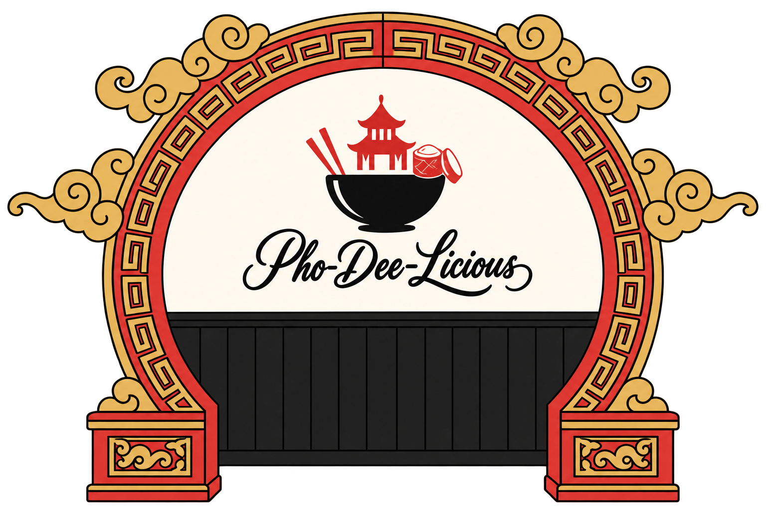 Illustration of Pho Dee Licious’s ornate red and gold moon gate entrance
